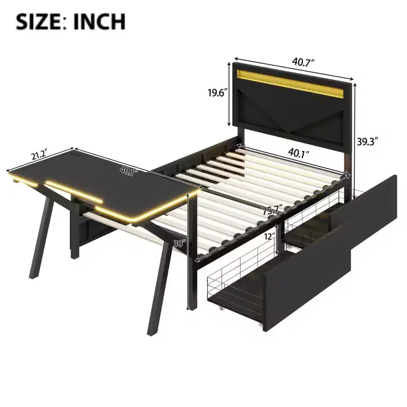 Lit double pour joueur avec bureau et LED et tiroirs de rangement, lit métallique pour joueur, lits jumeaux avec bureau, noir