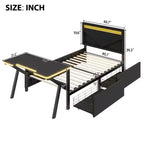 Lit double pour joueur avec bureau et LED et tiroirs de rangement, lit métallique pour joueur, lits jumeaux avec bureau, noir