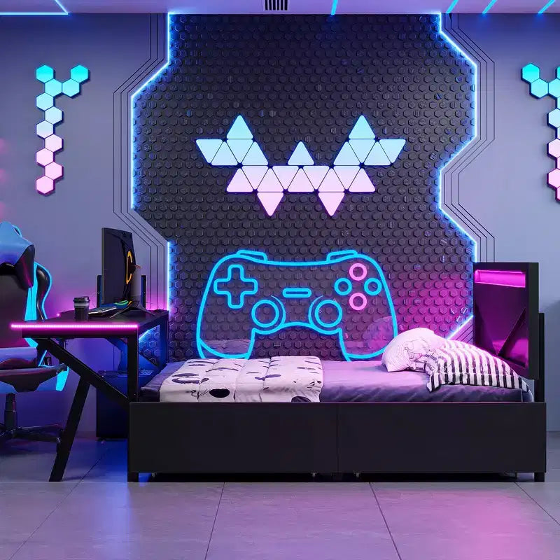 Lit double pour joueur avec bureau et LED et tiroirs de rangement, lit métallique pour joueur, lits jumeaux avec bureau, noir