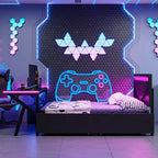 Lit double pour joueur avec bureau et LED et tiroirs de rangement, lit métallique pour joueur, lits jumeaux avec bureau, noir