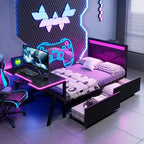 Lit double pour joueur avec bureau et LED et tiroirs de rangement, lit métallique pour joueur, lits jumeaux avec bureau, noir