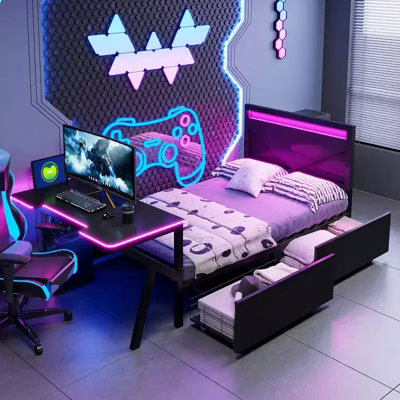 Twin Gaming Bed with Desk and LED and Storage Drawers, Metal Gamer Bed, Twin Beds with Desk, Black