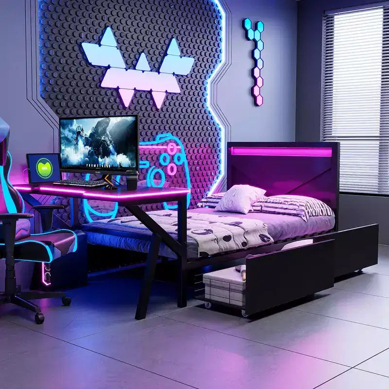 Twin Gaming Bed with Desk and LED and Storage Drawers, Metal Gamer Bed, Twin Beds with Desk, Black