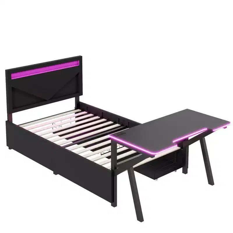 Lit double pour joueur avec bureau et LED et tiroirs de rangement, lit métallique pour joueur, lits jumeaux avec bureau, noir