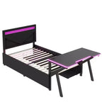 Lit double pour joueur avec bureau et LED et tiroirs de rangement, lit métallique pour joueur, lits jumeaux avec bureau, noir