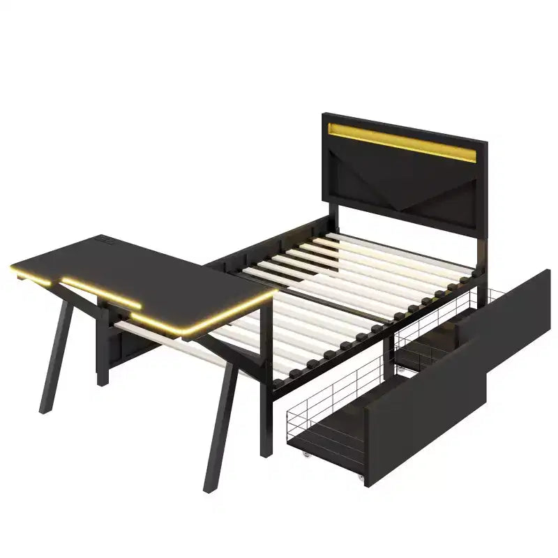 Lit double pour joueur avec bureau et LED et tiroirs de rangement, lit métallique pour joueur, lits jumeaux avec bureau, noir