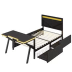 Lit double pour joueur avec bureau et LED et tiroirs de rangement, lit métallique pour joueur, lits jumeaux avec bureau, noir