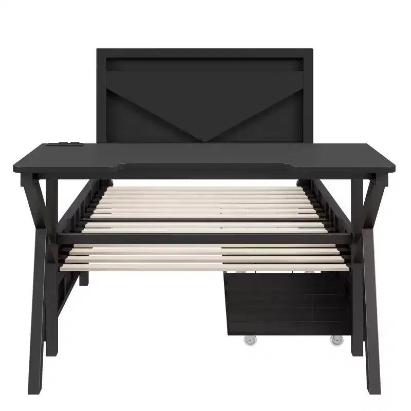 Lit double pour joueur avec bureau et LED et tiroirs de rangement, lit métallique pour joueur, lits jumeaux avec bureau, noir