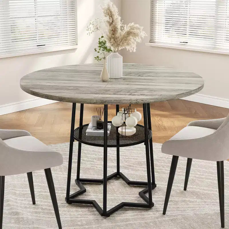 38.6 Wood Round Dining Table with Metal Base and Storage Shelf for Home, Kitchen, Living Room, (Only Table)