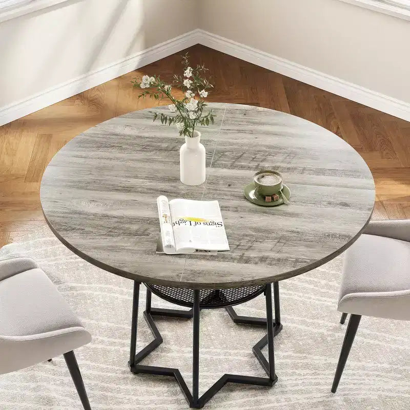 38.6 Wood Round Dining Table with Metal Base and Storage Shelf for Home, Kitchen, Living Room, (Only Table)