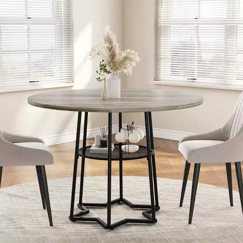 38.6 Wood Round Dining Table with Metal Base and Storage Shelf for Home, Kitchen, Living Room, (Only Table)