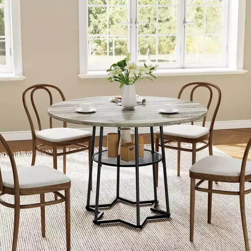 38.6 Wood Round Dining Table with Metal Base and Storage Shelf for Home, Kitchen, Living Room, (Only Table)
