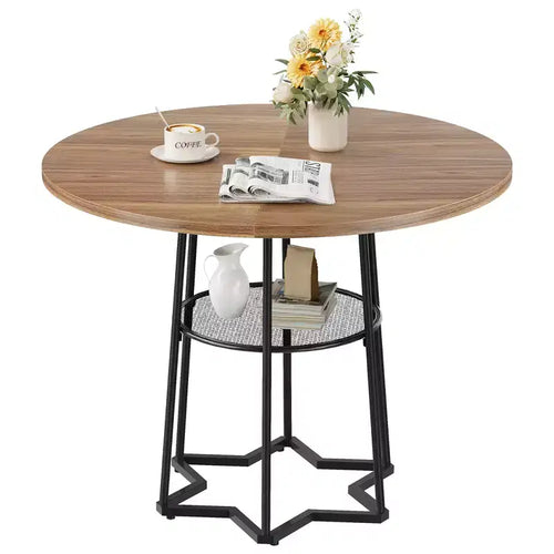 Table à manger ronde en bois de 38,6 po avec base en métal et étagère de rangement pour la maison, la cuisine, le salon (table uniquement)