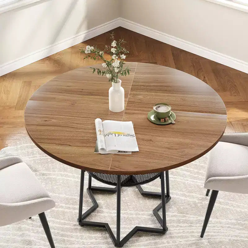 38.6 Wood Round Dining Table with Metal Base and Storage Shelf for Home, Kitchen, Living Room, (Only Table)