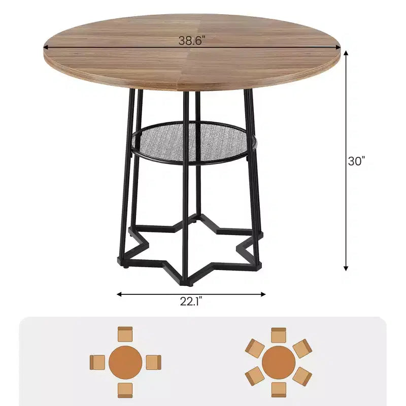 38.6 Wood Round Dining Table with Metal Base and Storage Shelf for Home, Kitchen, Living Room, (Only Table)
