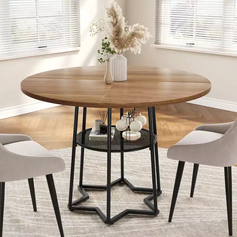 38.6 Wood Round Dining Table with Metal Base and Storage Shelf for Home, Kitchen, Living Room, (Only Table)