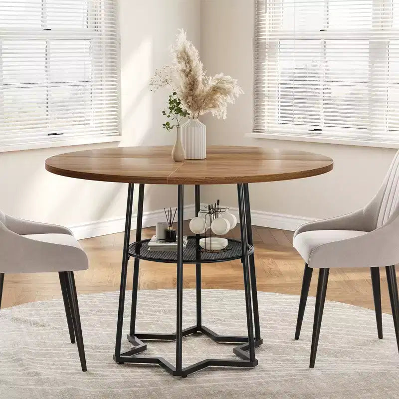 38.6 Wood Round Dining Table with Metal Base and Storage Shelf for Home, Kitchen, Living Room, (Only Table)