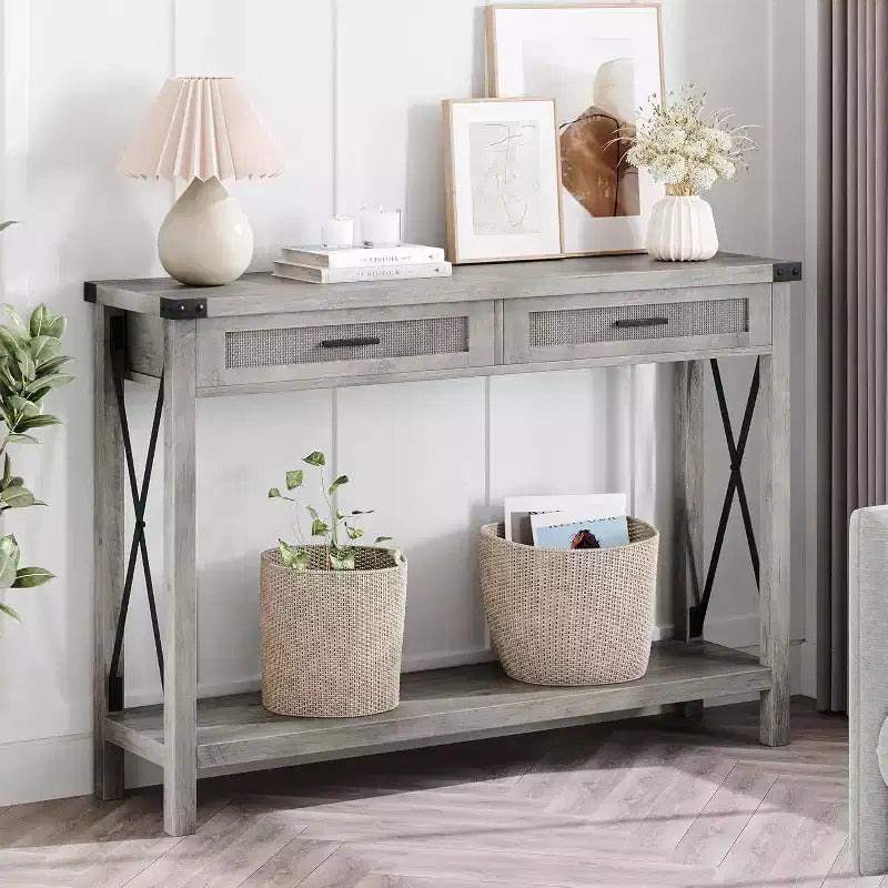 COZONY 43 Retro Farmhouse Console Table with 2 Drawers, Wood Grain MDF and Metal Frame, Rectangular Entryway Table