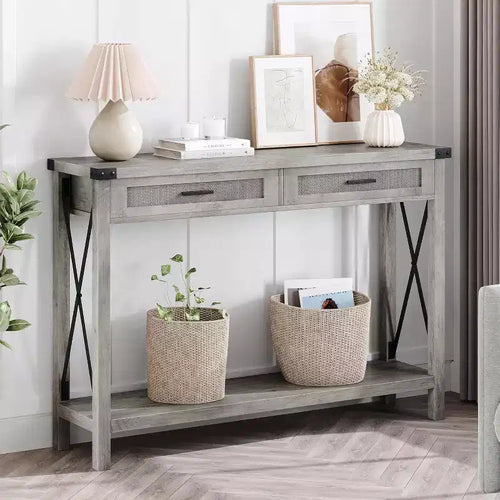 COZONY 43 Retro Farmhouse Console Table with 2 Drawers, Wood Grain MDF and Metal Frame, Rectangular Entryway Table