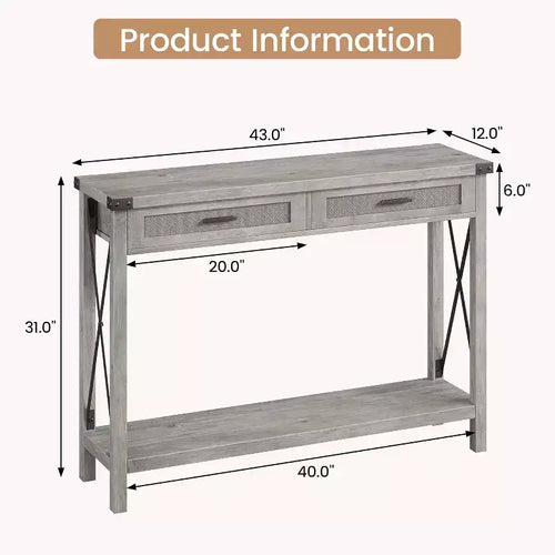 Table console de style rétro de 109 cm avec 2 tiroirs, MDF effet bois et cadre métallique, table d'entrée rectangulaire