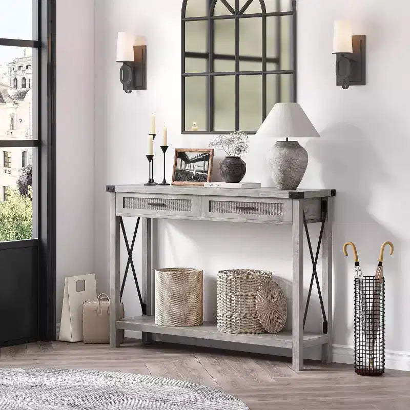 43 Retro Farmhouse Console Table with 2 Drawers, Wood Grain MDF and Metal Frame, Rectangular Entryway Table