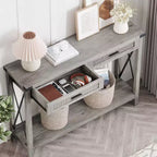 Table console de style rétro de 109 cm avec 2 tiroirs, MDF effet bois et cadre métallique, table d'entrée rectangulaire