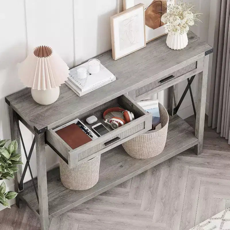 43 Retro Farmhouse Console Table with 2 Drawers, Wood Grain MDF and Metal Frame, Rectangular Entryway Table