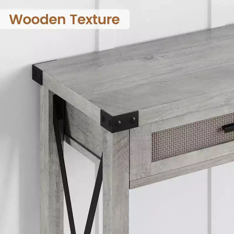 43 Retro Farmhouse Console Table with 2 Drawers, Wood Grain MDF and Metal Frame, Rectangular Entryway Table