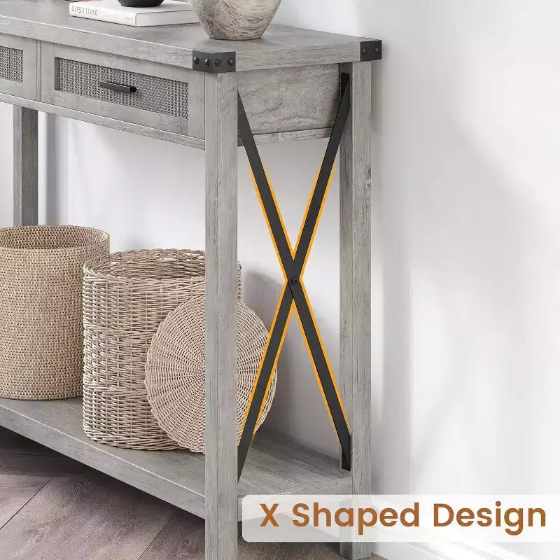 Table console de style rétro de 109 cm avec 2 tiroirs, MDF effet bois et cadre métallique, table d'entrée rectangulaire