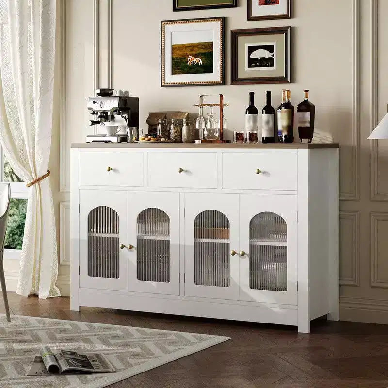 Bahut de salle à manger avec tiroirs, grand bahut de 140 cm avec 3 tiroirs et 4 portes, table de bar à café en bois