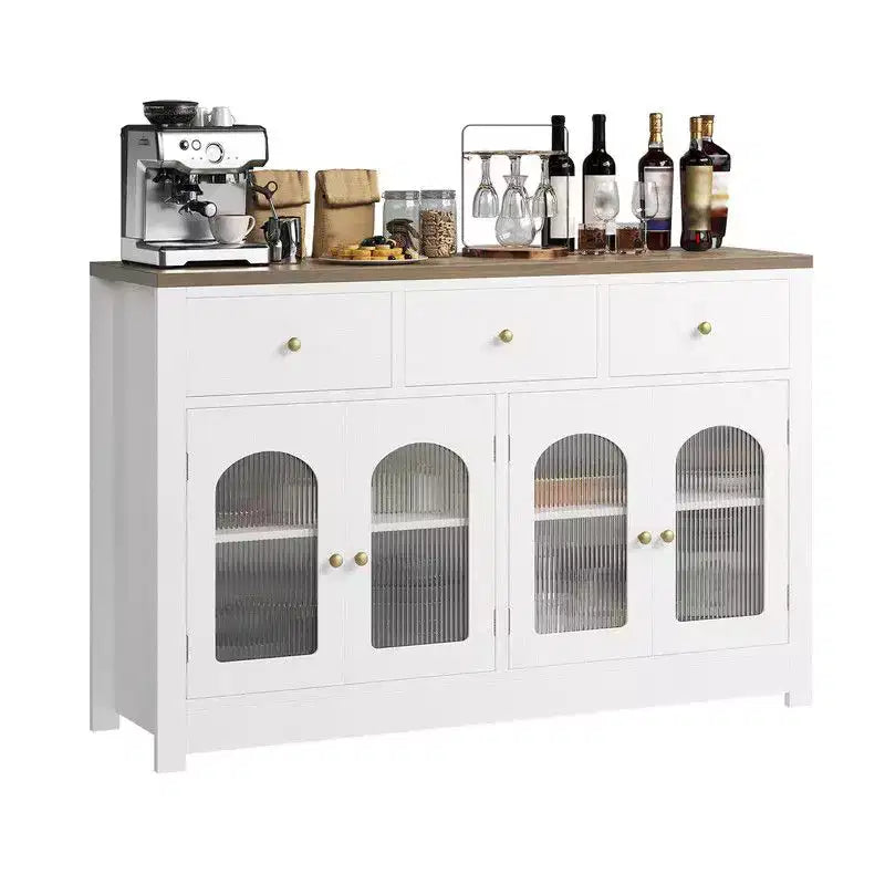 Bahut de salle à manger avec tiroirs, grand bahut de 140 cm avec 3 tiroirs et 4 portes, table de bar à café en bois
