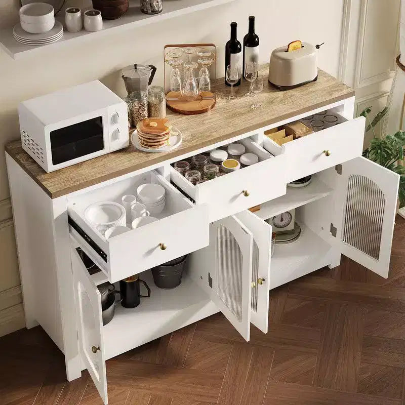 Bahut de salle à manger avec tiroirs, grand bahut de 140 cm avec 3 tiroirs et 4 portes, table de bar à café en bois