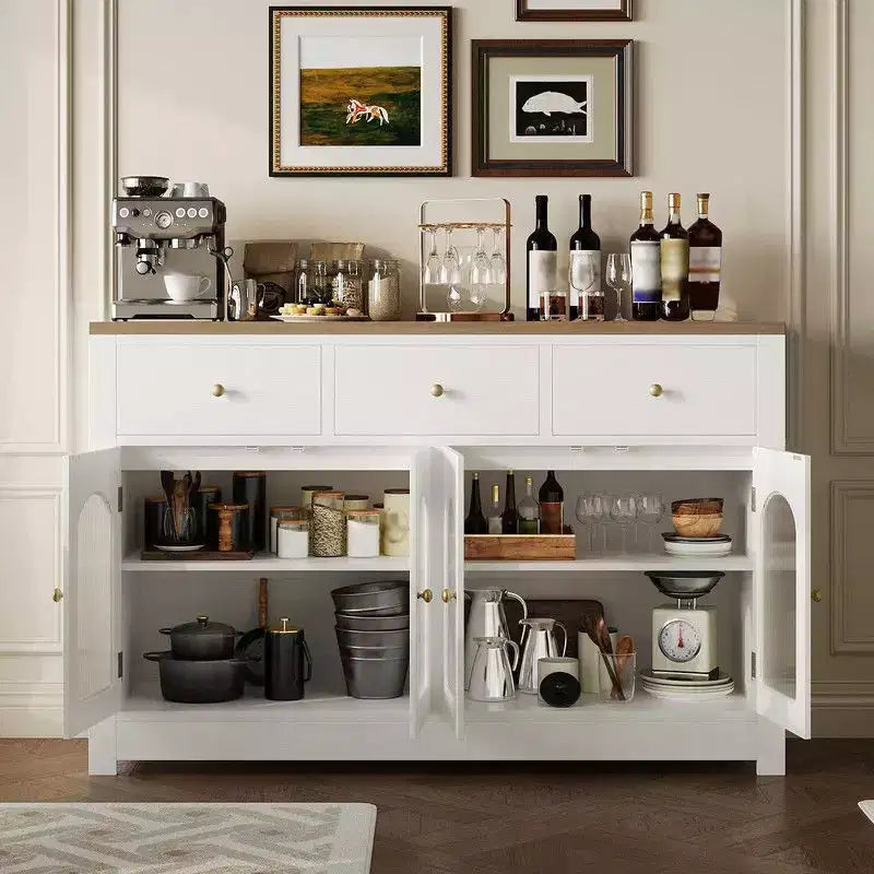 Bahut de salle à manger avec tiroirs, grand bahut de 140 cm avec 3 tiroirs et 4 portes, table de bar à café en bois