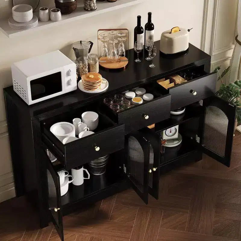 Bahut de salle à manger avec tiroirs, grand bahut de 140 cm avec 3 tiroirs et 4 portes, table de bar à café en bois