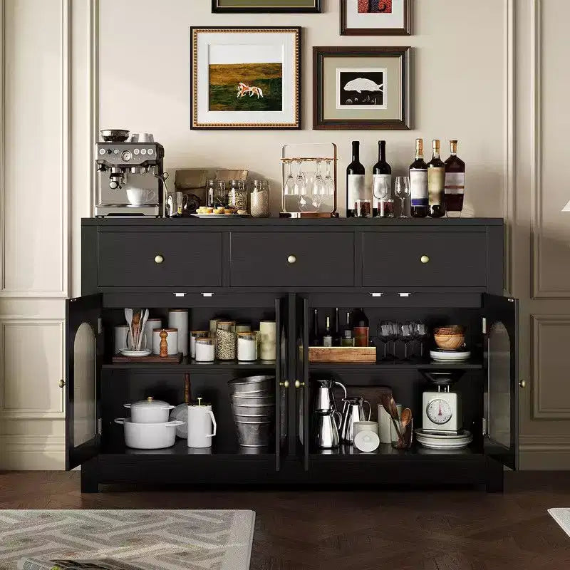 Bahut de salle à manger avec tiroirs, grand bahut de 140 cm avec 3 tiroirs et 4 portes, table de bar à café en bois