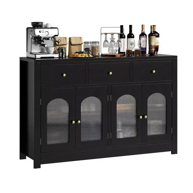 Bahut de salle à manger avec tiroirs, grand bahut de 140 cm avec 3 tiroirs et 4 portes, table de bar à café en bois