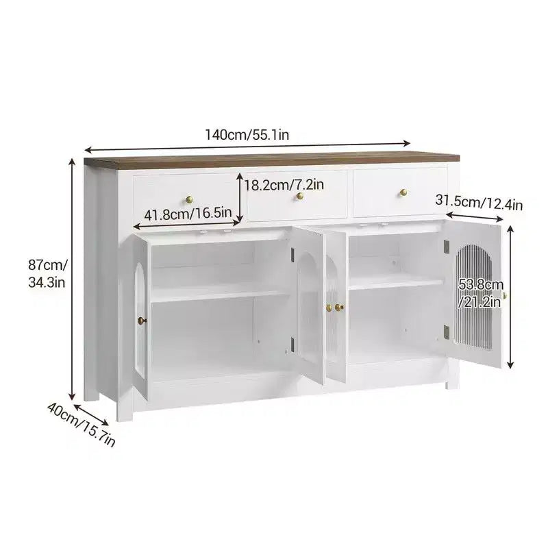 Bahut de salle à manger avec tiroirs, grand bahut de 140 cm avec 3 tiroirs et 4 portes, table de bar à café en bois