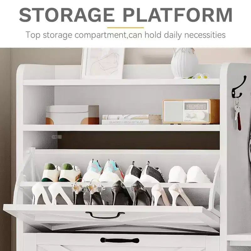 Farmhouse Shoe Storage Cabinet with 2 Flip Drawers Shoe Organizer for 16 Pairs
