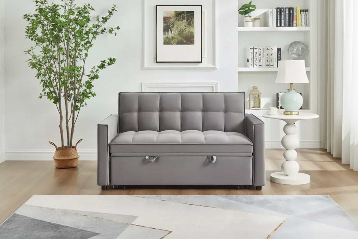 EHMKNP Pull Out Convertible Sofa Bed - Full Size Light Grey Velvet Tufted Sleeper, 3-Level Adjustable Backrest w/ 2 Pockets & 2 Pillows for Apartment
