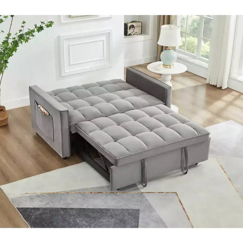 Pull Out Convertible Sofa Bed - Full Size Light Grey Velvet Tufted Sleeper, 3-Level Adjustable Backrest w/ 2 Pockets & 2 Pillows for Apartment