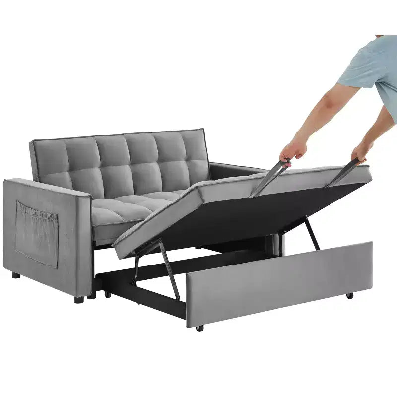 Pull Out Convertible Sofa Bed - Full Size Light Grey Velvet Tufted Sleeper, 3-Level Adjustable Backrest w/ 2 Pockets & 2 Pillows for Apartment