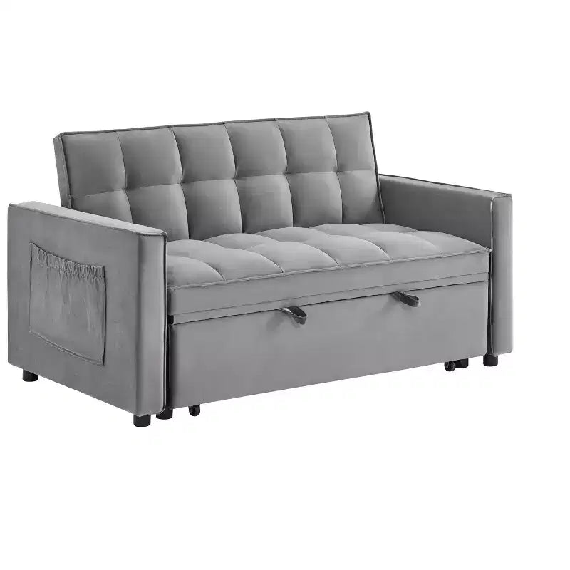 Pull Out Convertible Sofa Bed - Full Size Light Grey Velvet Tufted Sleeper, 3-Level Adjustable Backrest w/ 2 Pockets & 2 Pillows for Apartment