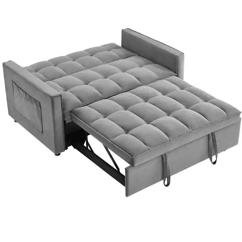 Pull Out Convertible Sofa Bed - Full Size Light Grey Velvet Tufted Sleeper, 3-Level Adjustable Backrest w/ 2 Pockets & 2 Pillows for Apartment