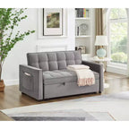 Pull Out Convertible Sofa Bed - Full Size Light Grey Velvet Tufted Sleeper, 3-Level Adjustable Backrest w/ 2 Pockets & 2 Pillows for Apartment