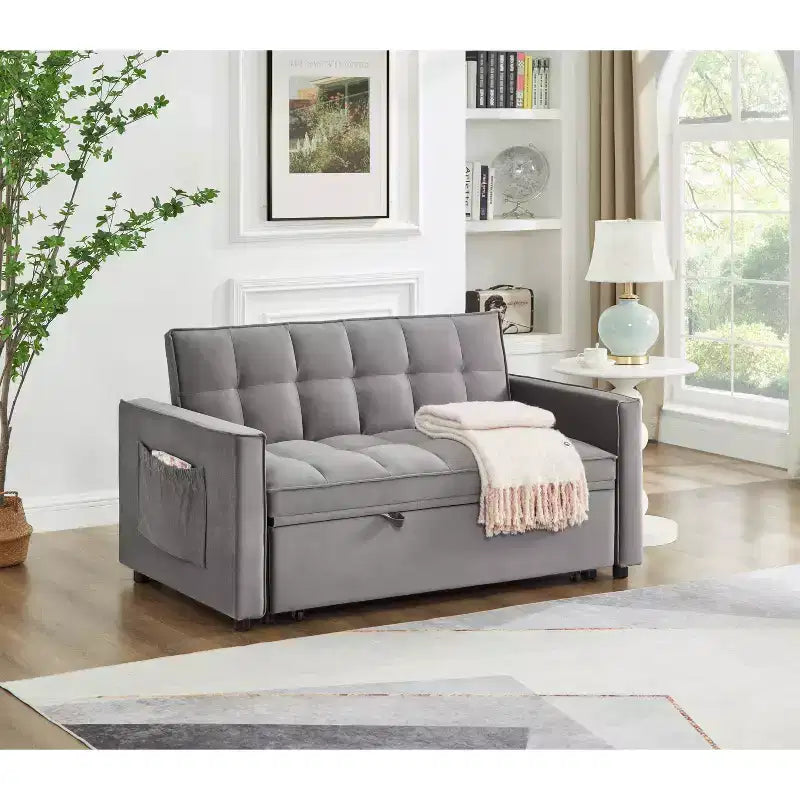 Pull Out Convertible Sofa Bed - Full Size Light Grey Velvet Tufted Sleeper, 3-Level Adjustable Backrest w/ 2 Pockets & 2 Pillows for Apartment