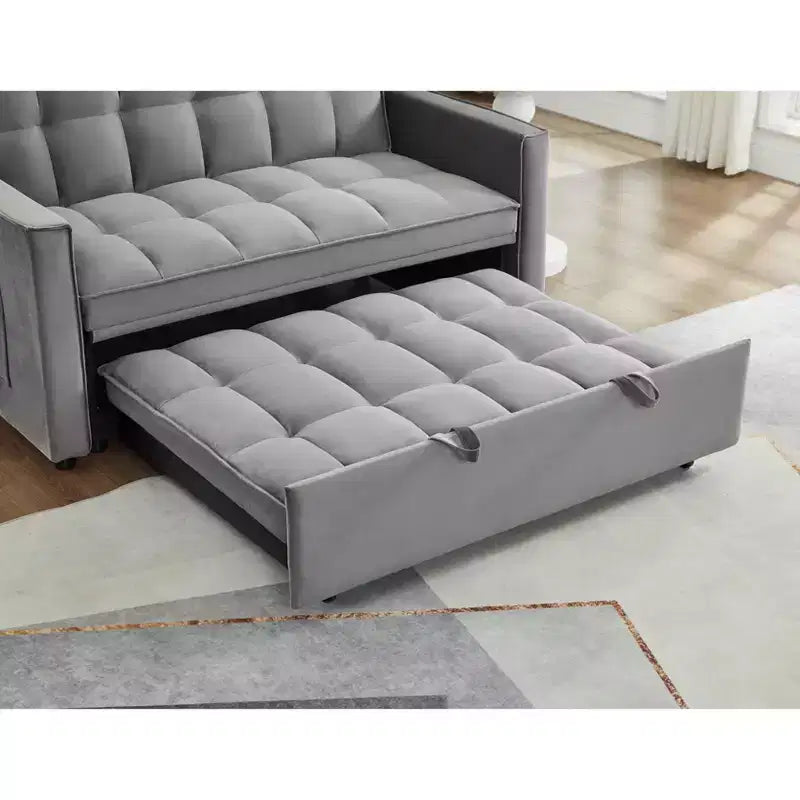 Pull Out Convertible Sofa Bed - Full Size Light Grey Velvet Tufted Sleeper, 3-Level Adjustable Backrest w/ 2 Pockets & 2 Pillows for Apartment