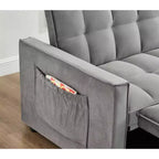 Pull Out Convertible Sofa Bed - Full Size Light Grey Velvet Tufted Sleeper, 3-Level Adjustable Backrest w/ 2 Pockets & 2 Pillows for Apartment