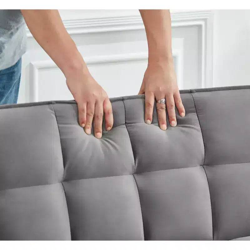 Pull Out Convertible Sofa Bed - Full Size Light Grey Velvet Tufted Sleeper, 3-Level Adjustable Backrest w/ 2 Pockets & 2 Pillows for Apartment