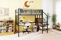 Bellemave Full Size Metal Loft Bed with Desk and Metal Grid, Stylish Metal Frame Bed with Lateral Storage Ladder and Wardrobe, Black