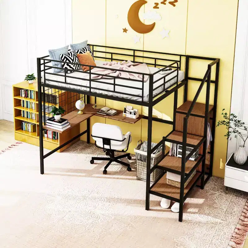 Lit mezzanine métallique pleine grandeur avec bureau et grille métallique, lit élégant à cadre métallique avec échelle de rangement latérale et armoire, noir